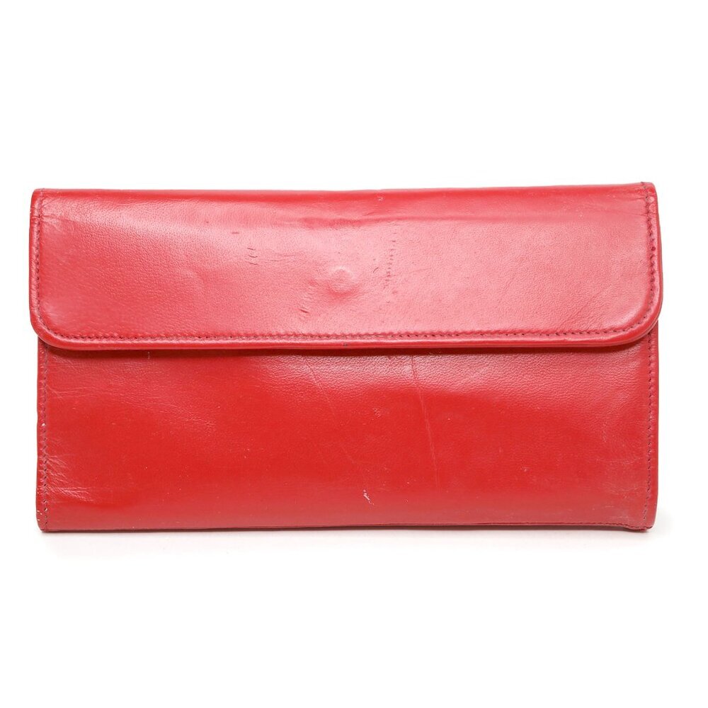 Vintage Merangue Red Genuine Leather Bifold Wallet with Calculator & Pen Retro